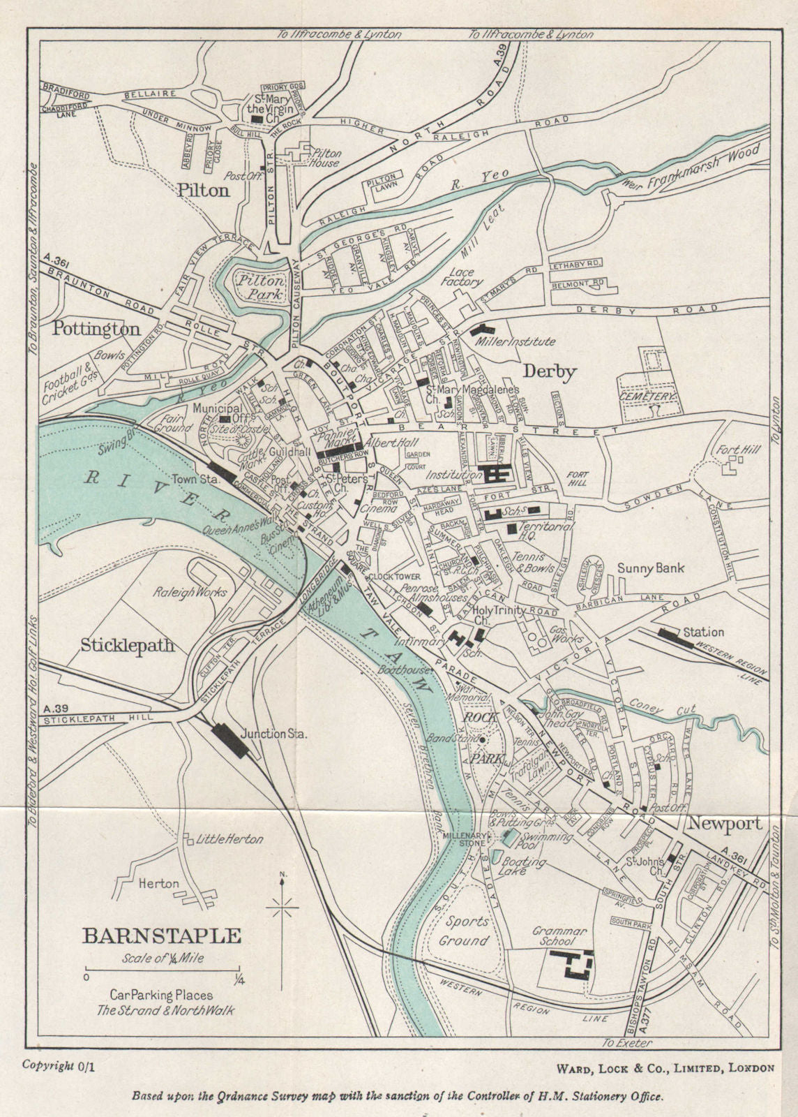 BARNSTAPLE vintage tourist town city resort plan. Devon. WARD LOCK 1965 map